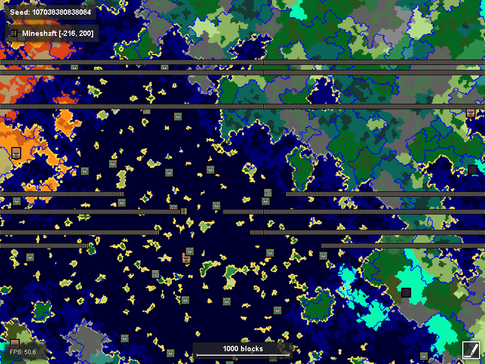 A version 1.8 Minecraft world with generated abandoned mineshafts in rows along the x-coordinate, with mineshafts generating in every chunk from -[30000000](tel:30000000) to [+30000000](tel:+30000000) , with 3.75 million interconnected mineshafts in each row (exclusive of some breaks near the origin)