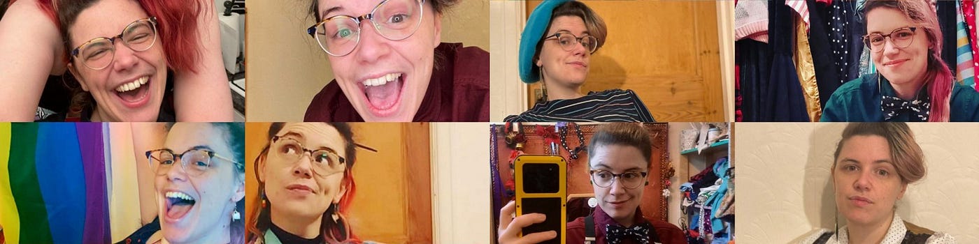 A montage of 8 photos of Becki in a range of different outfits with various facial expressions including laughing, smiling, and a slight knowing smirk.