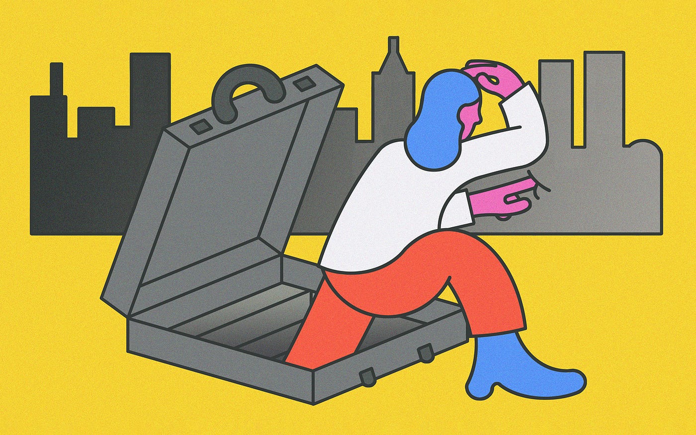 An illustration of a woman character stepping outside of a briefcase, in search of a new opportunity.