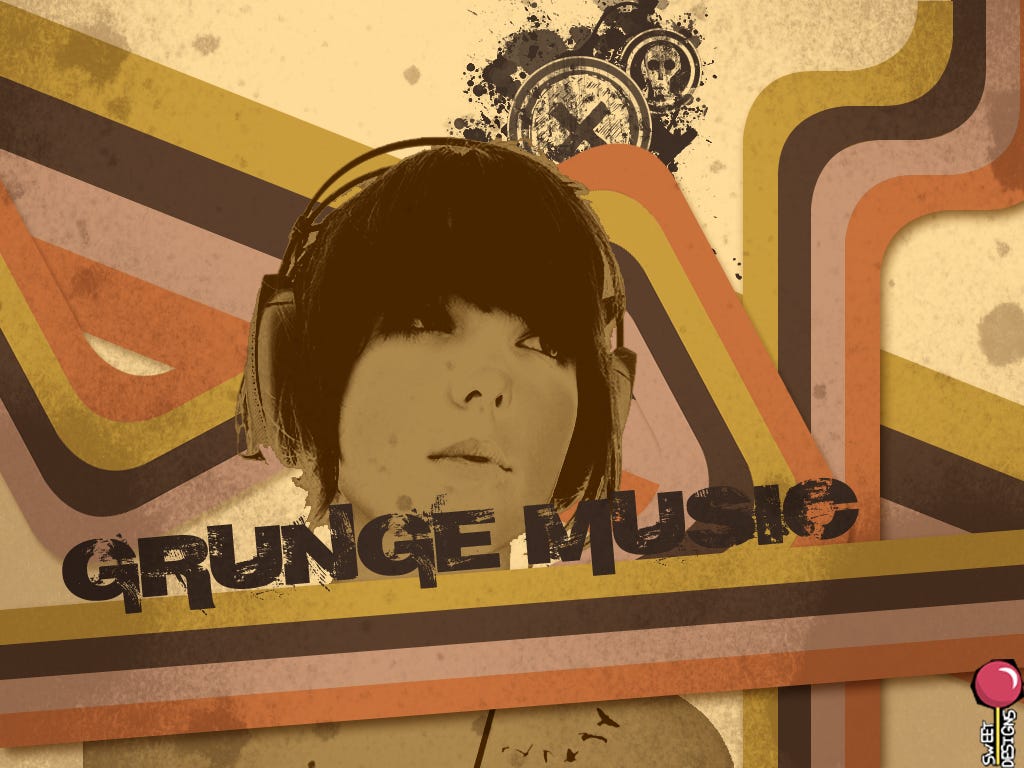 Artsy “grunge music” poster with woman wearing headphones featured.