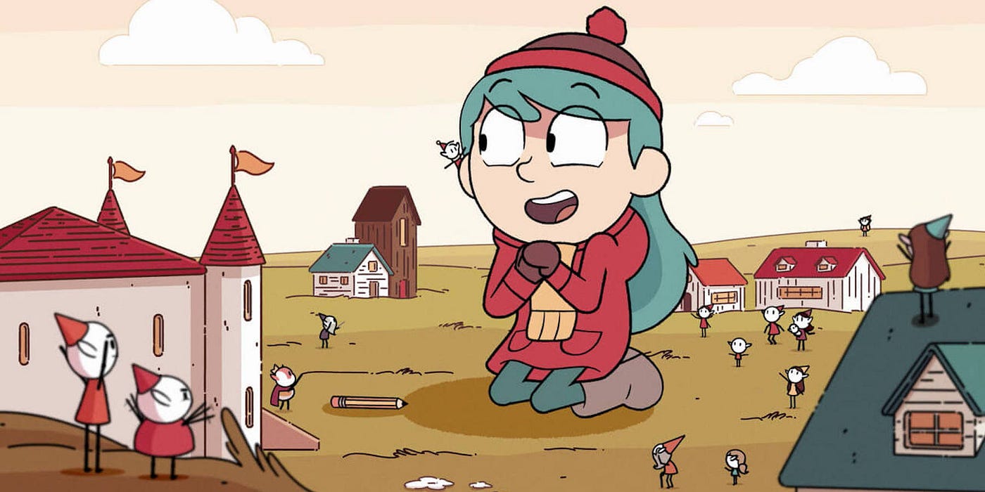 A little girl named Hilda kneeling in front of an elf’s castle, hands clasped in excitement.