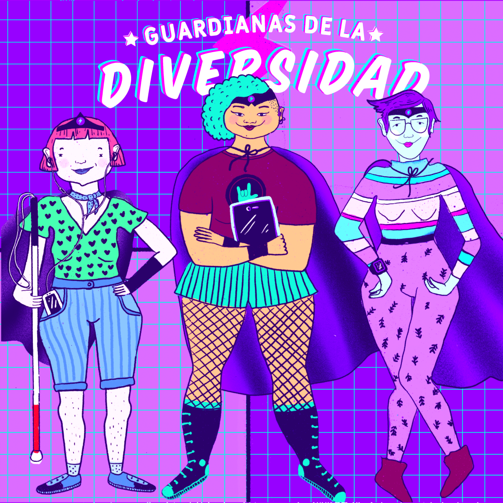 Ilustración: 3 superheroínas. La 1° lleva un bastón blanco y un celular, la 2° una tablet y la 3° un reloj digital.
