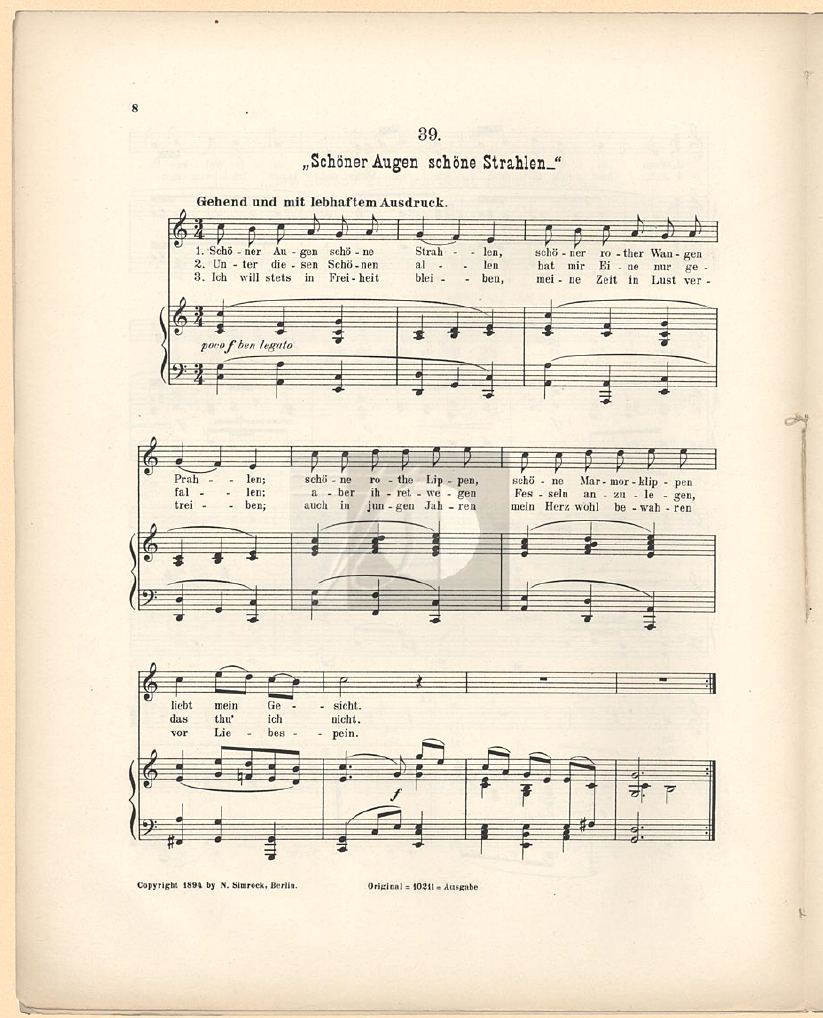 Scan of the first page of the song ‘Schöner Augen schöne Strahlen’ in the first edition