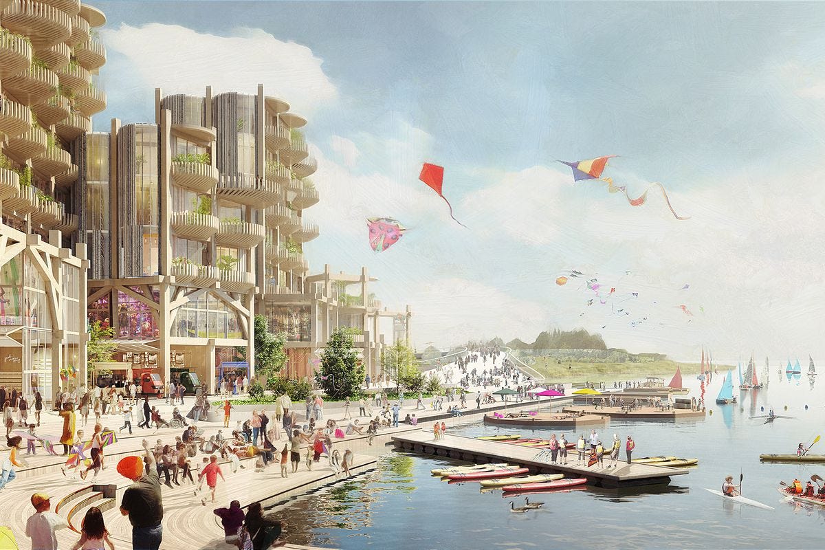 An artistic rendering of a smart city on the waterfront of Toronto showing people’s spending time in the public space on the waterfront