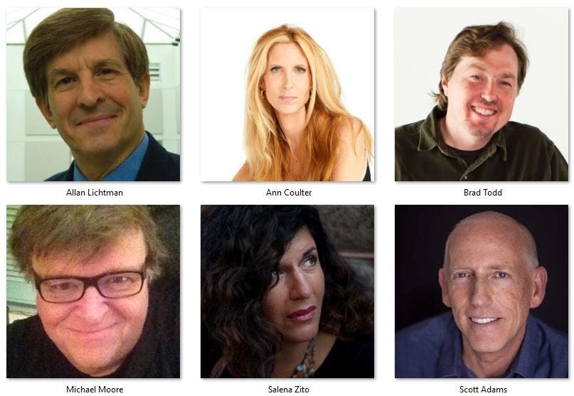Six Pundits who got the 2016 election right — Allan Lichtman, Ann Coulter, Brad Todd, Michael Moore, Salena Zito, Scott Adams