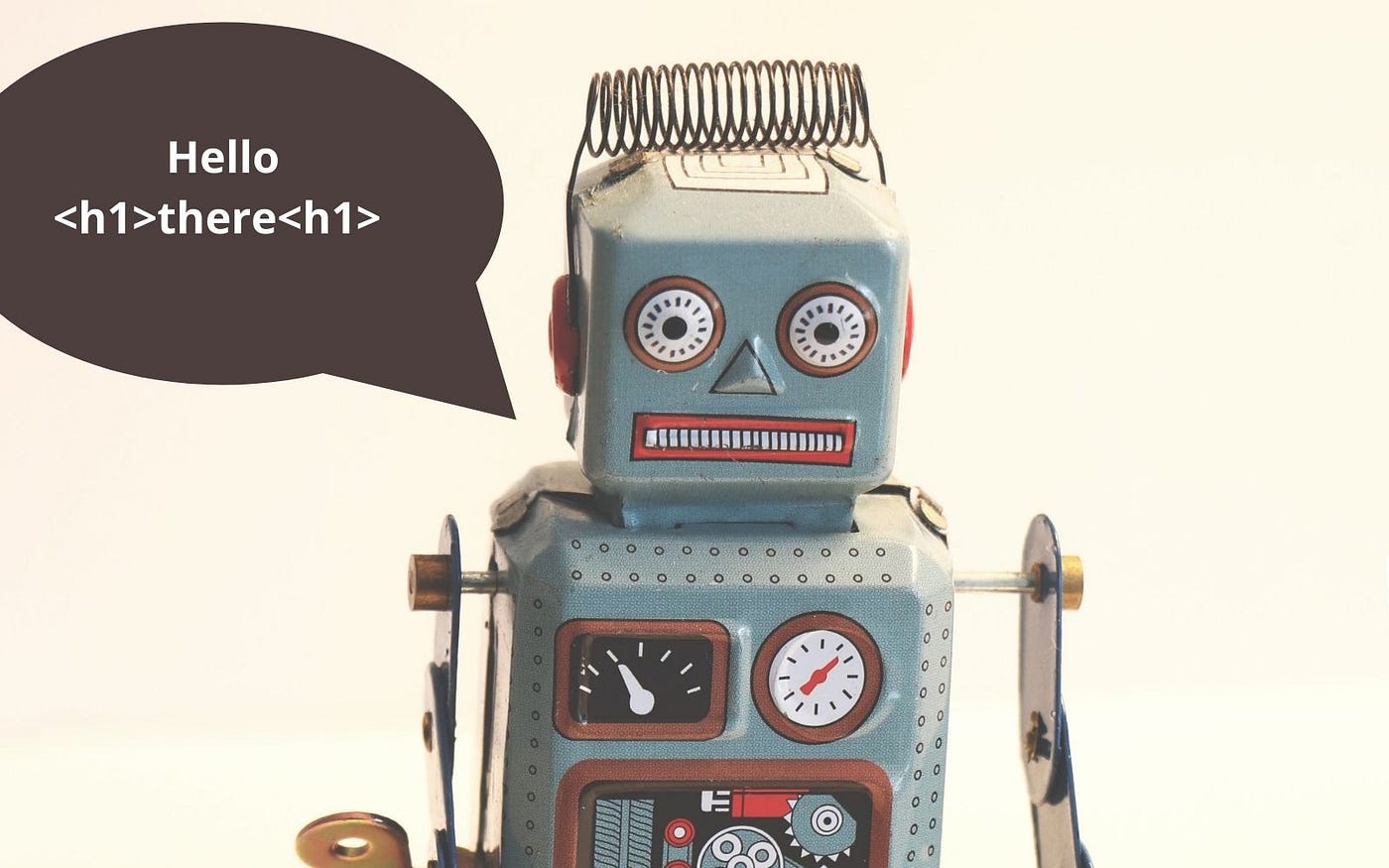 Image of a Robot saying “hello there” with HTML title tags.