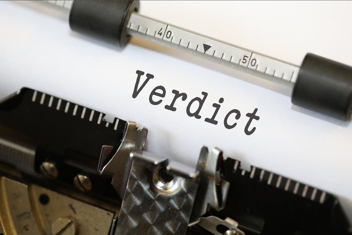 Picture of the word “Verdict” as it looks typed on a typewriter.