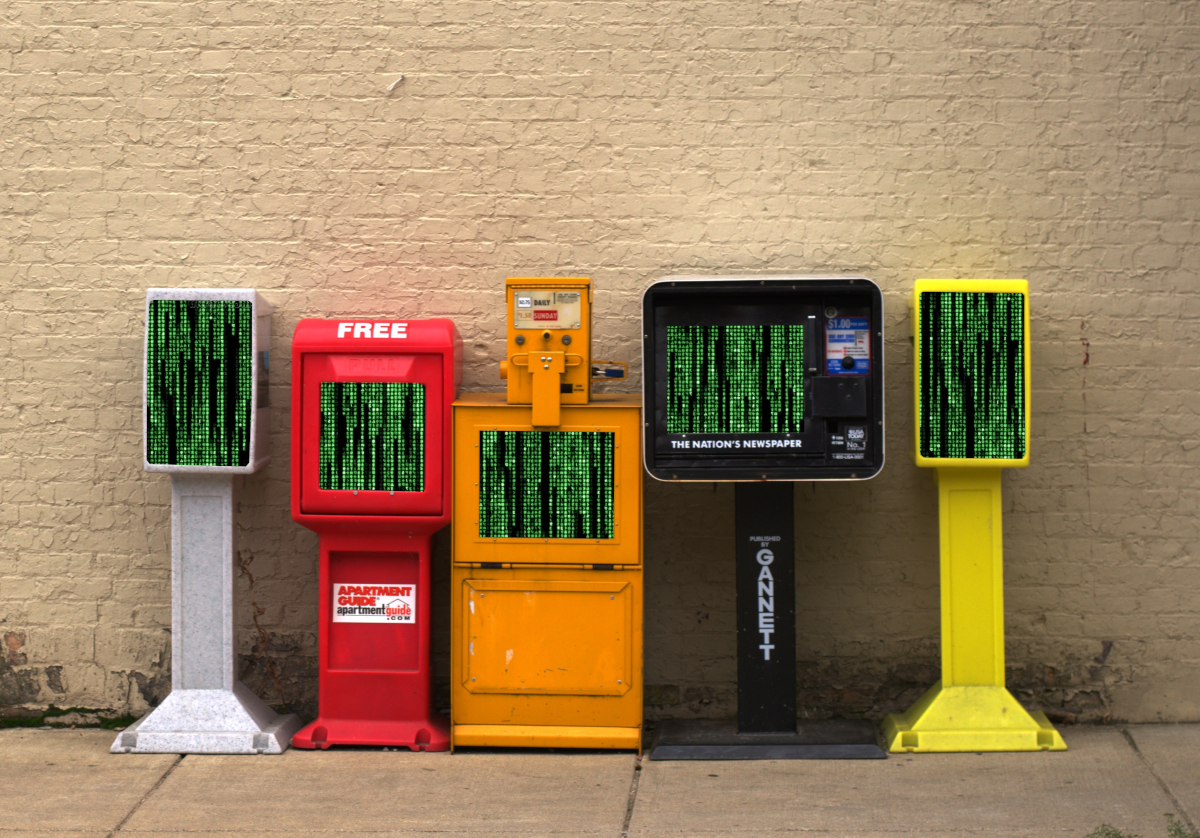 A row of newspaper boxes on a lonely sidewalk; their windows are filled with the ‘falling binary’ Matrix waterfall effect.