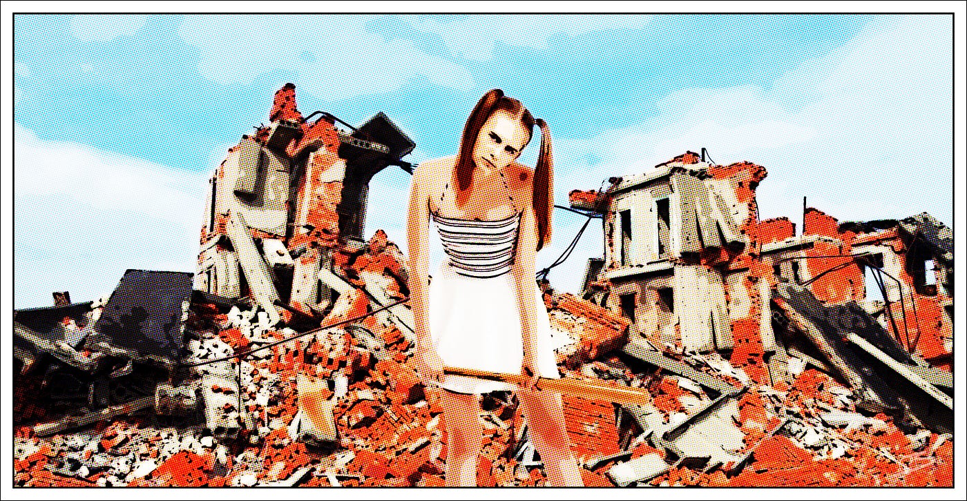 Woman with baseball bat stands in front of demolished house