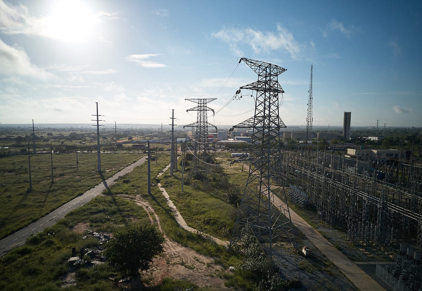 Pylons, transmission lines, substation