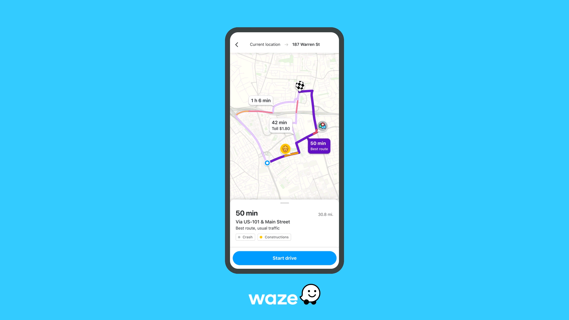 Um GIF das novas informações de visualização de viagem do aplicativo Waze, incluindo rotas alternativas, condições de tráfego e relatórios em tempo real