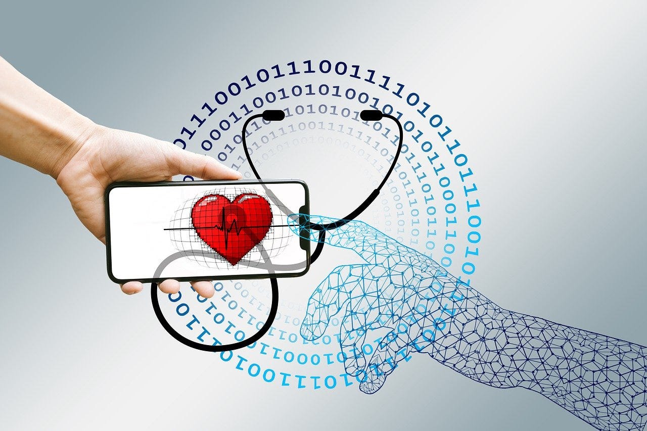 IMAGE: A hand holding a smartphone with a stethoscope and another one receiving binary data