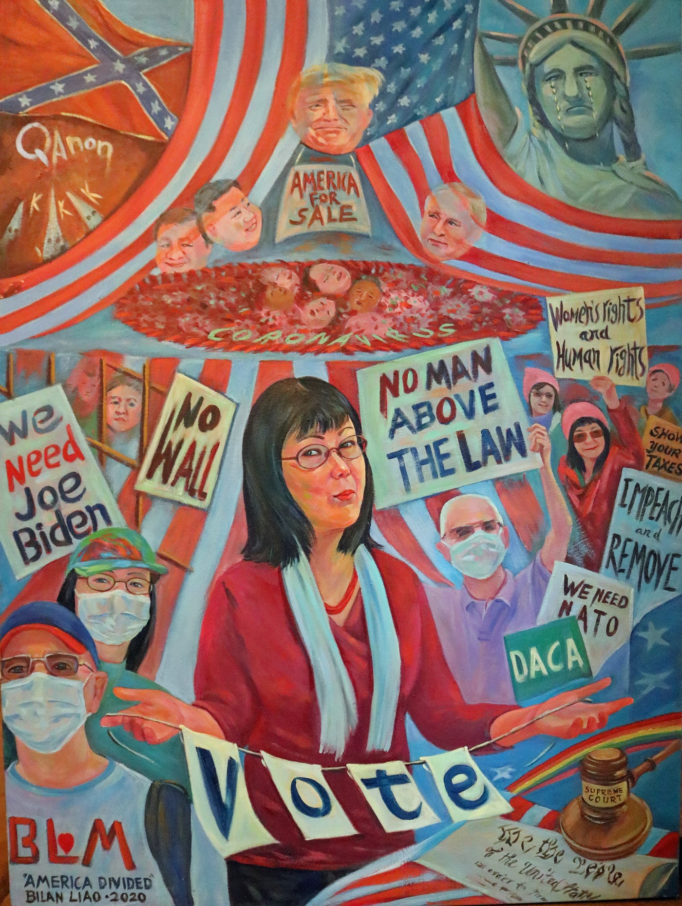 Colorful mural by BiLan, shows BiLan in the center with anti-Trump protestors in foreground.