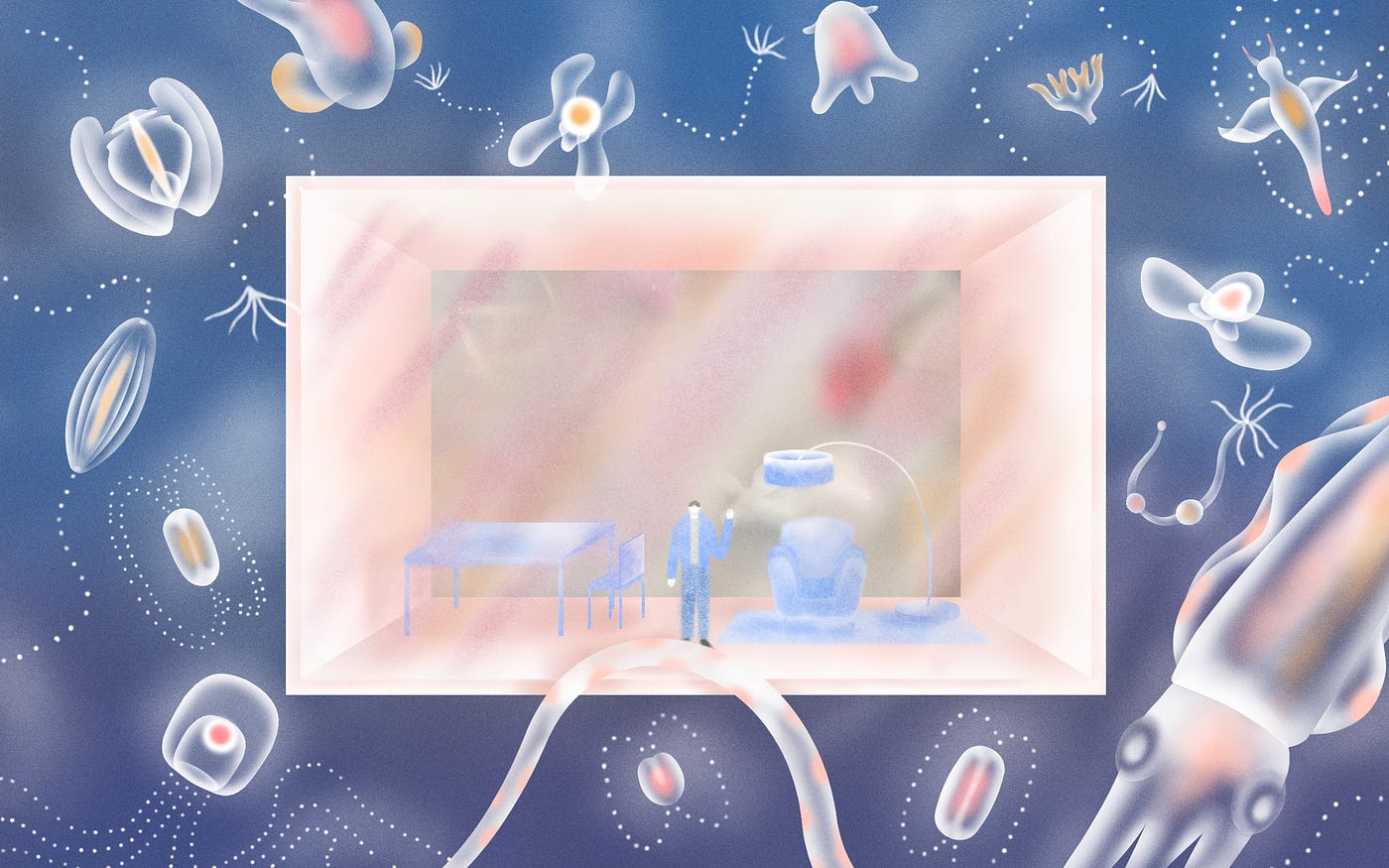 Illustration of a person’s home ecosystem in a sealed-off rectangle in a sea of particles and squid.