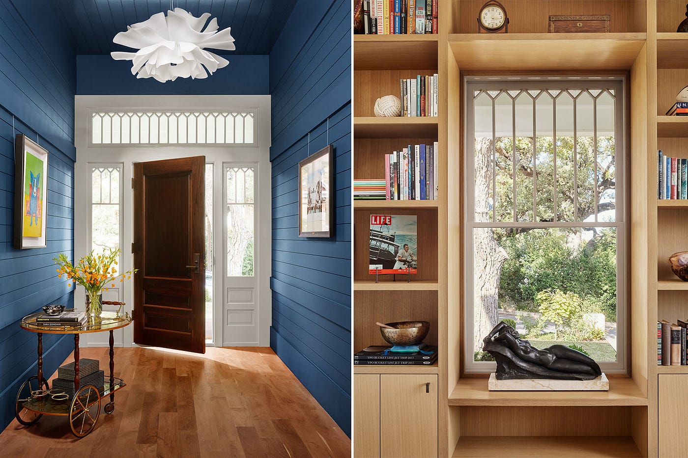To the left, a front door from a home’s foyer. To the right, a window framed by wood shelving units.