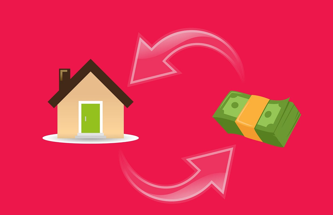 illustration of a house and a pile of money with arrows showing the two give each other