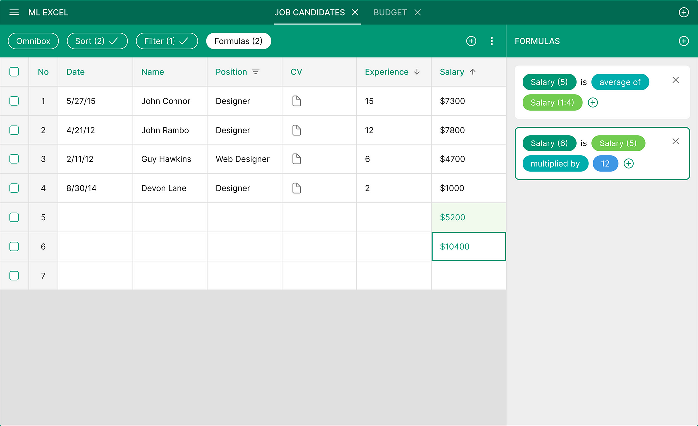 Formulas screen with two formulas added