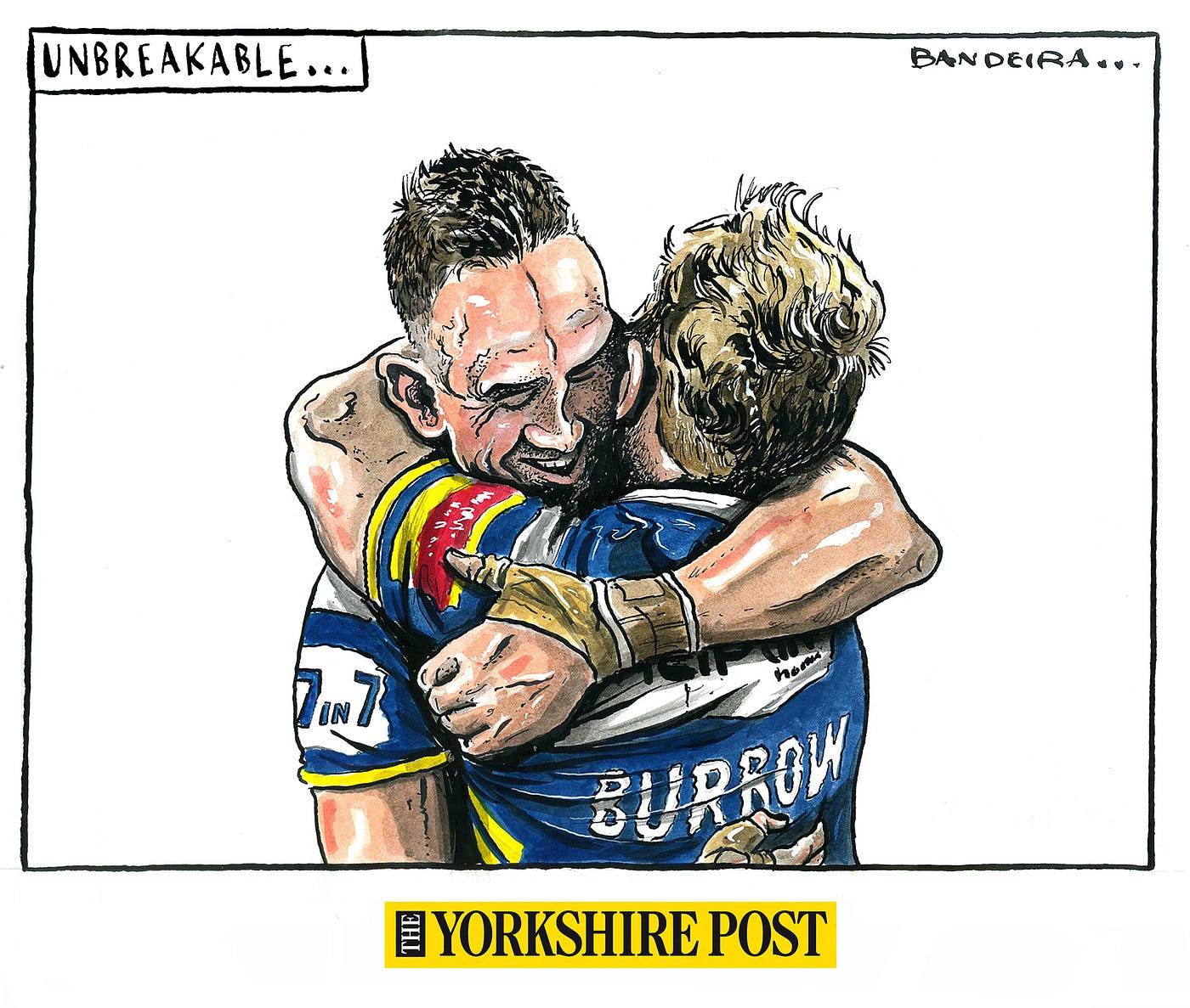 Ilustration of Kevin Sinfield and Rob Burrow hugging.