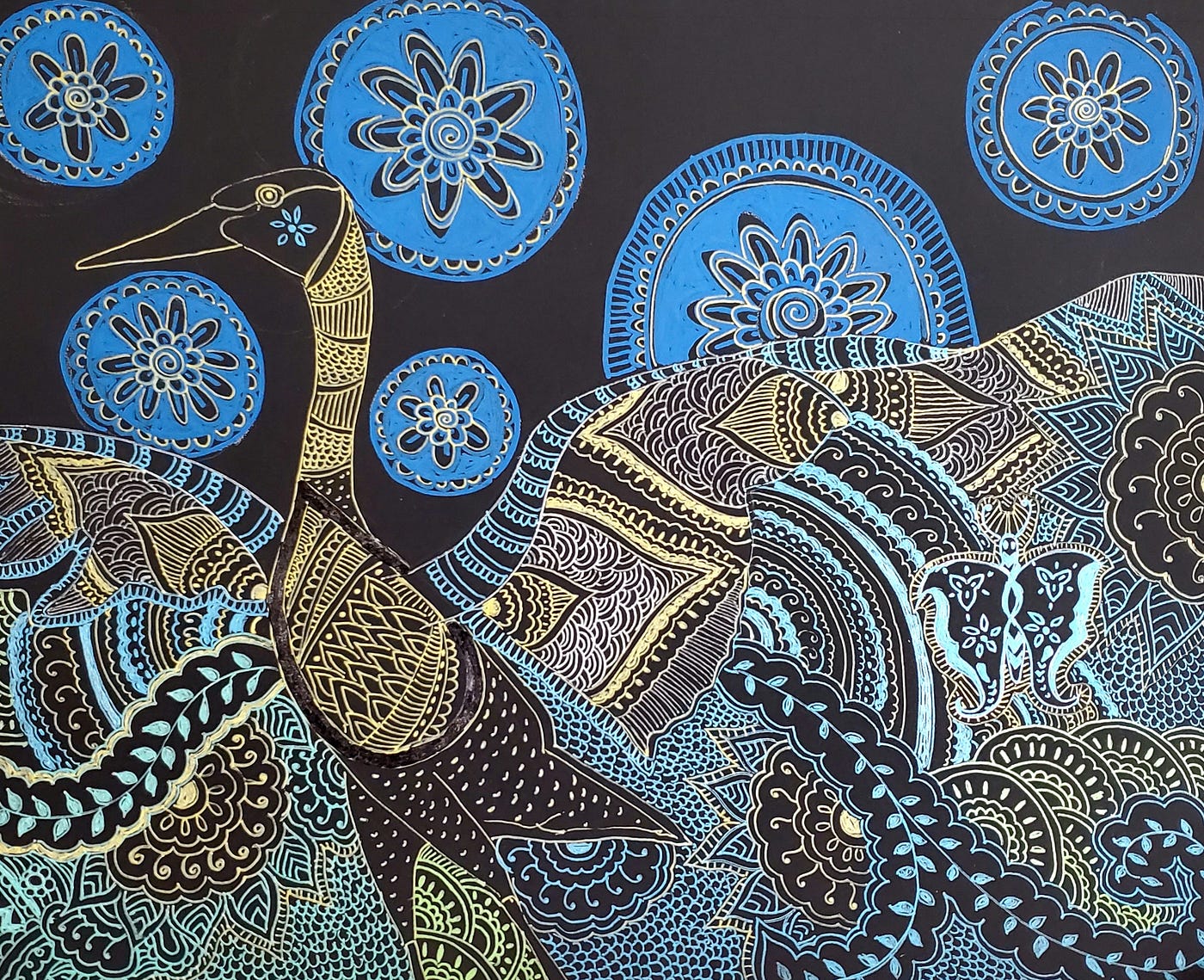 Illustration of a large bird spreading its wings. Light blue, yellow, and brown lines (with the dark blue background showing through) form ornate patterns on its feathers. Behind it float blue circles of various sizes that look like doilies.