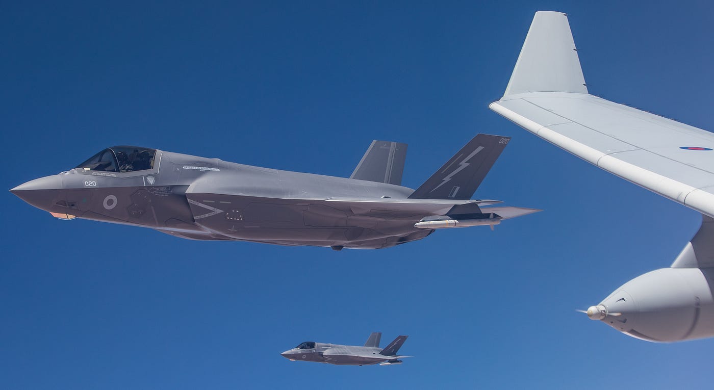 Two Royal Air Force F-35B jets conducting sorties in support of Operation SHADER across the Middle East.