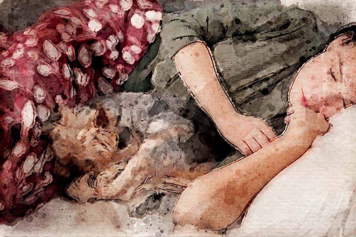 Yorkshire Terrier sleeping on a couch with a woman.