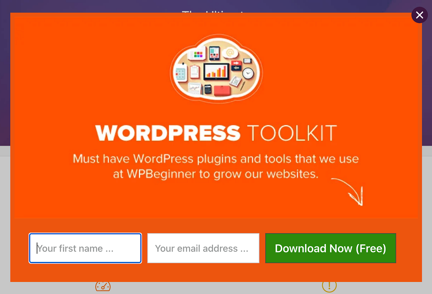 WordPress Toolkit popup as an example of exit intent popup.