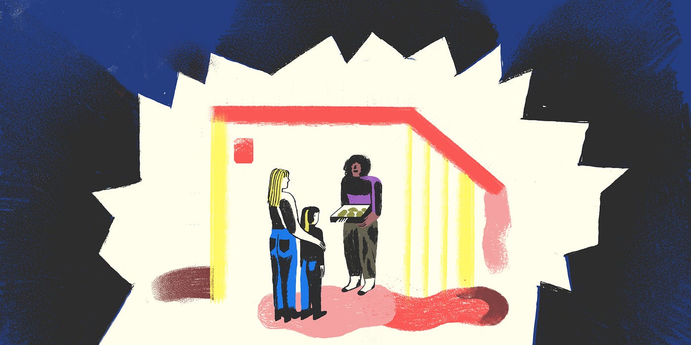 A Black person standing in front of a white person who’s got their arm around a white child in an abstract room.