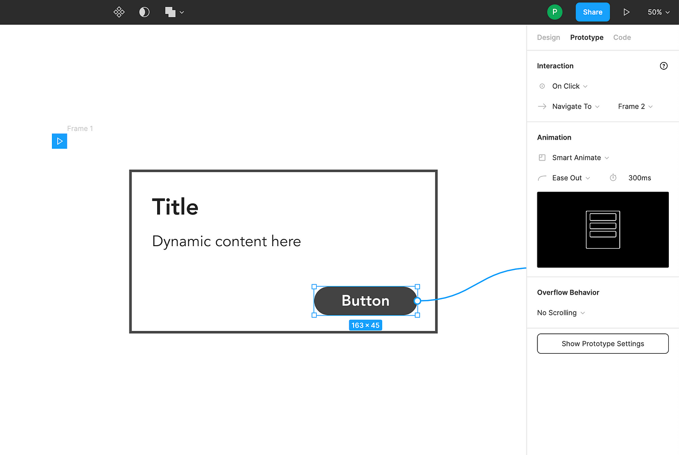 Screenshot of Figma's prototype panel, showing the Smart Animation options