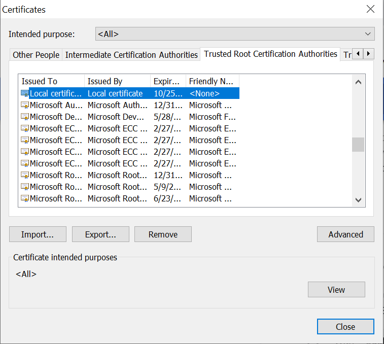 Güvenilir kök sertifika yetkililerinin listesini gösteren Chrome tarayıcı ayarları.