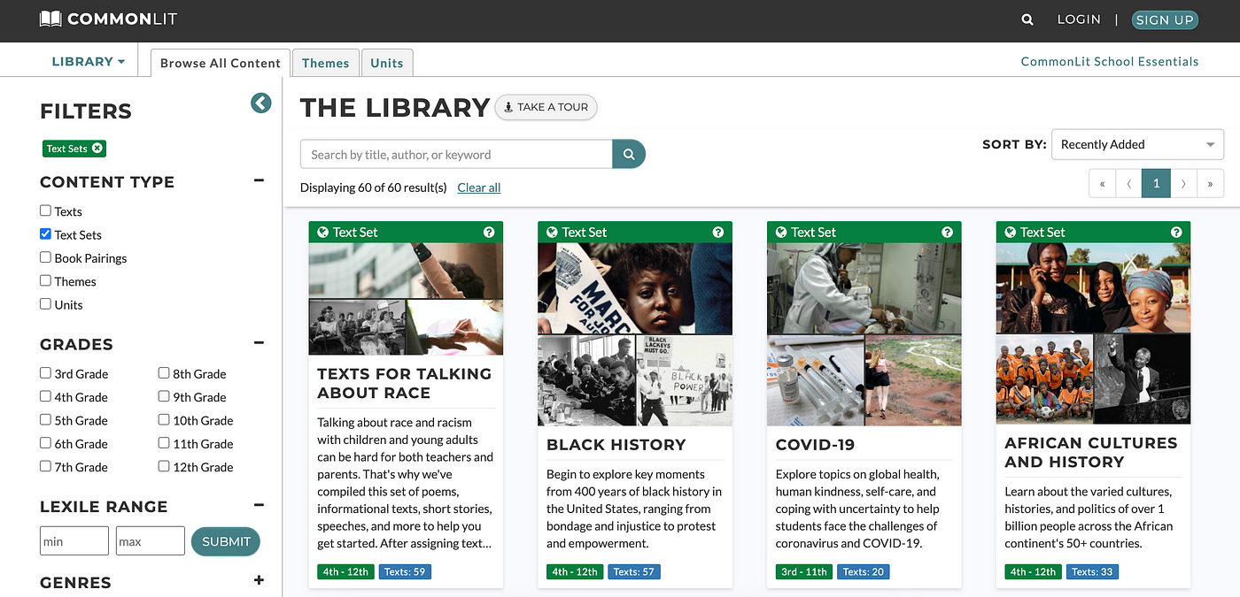 Text sets in the CommonLit library, including "Texts for talking about race," "Black history, "COVID-19," and "African cultures and history."