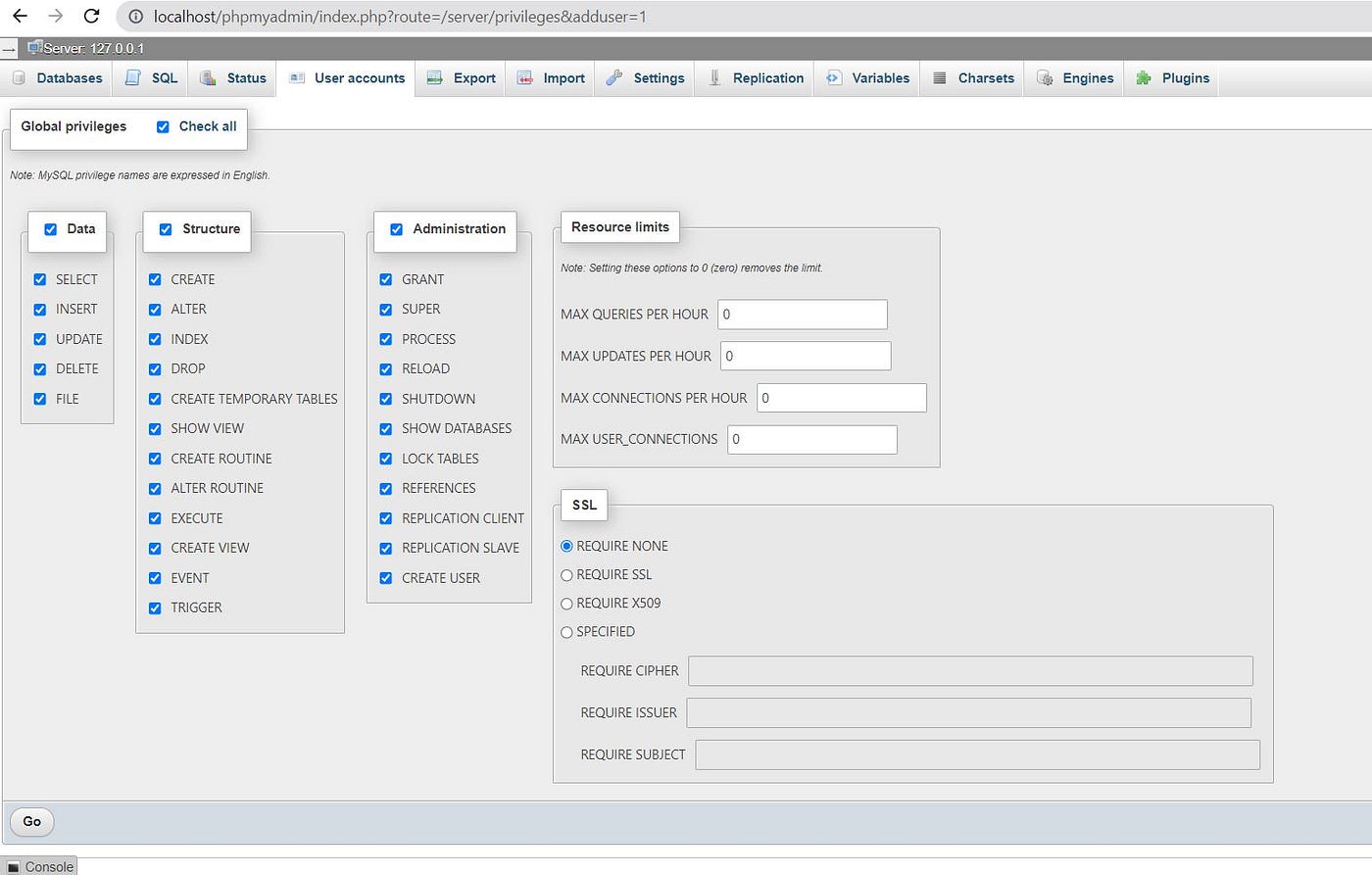 Select privileges for a user account