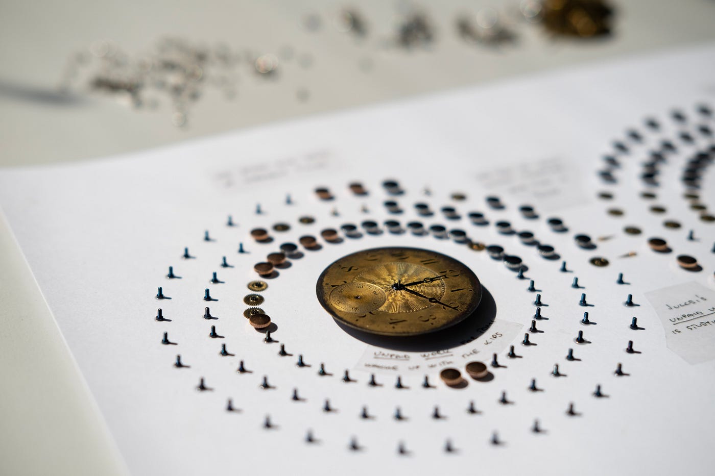 Closeup of different old metal watch parts (gears, crowns and screws) glued onto a sheet of paper. The parts are organized into a circle around an antique-looking, copper-colored watch face.
