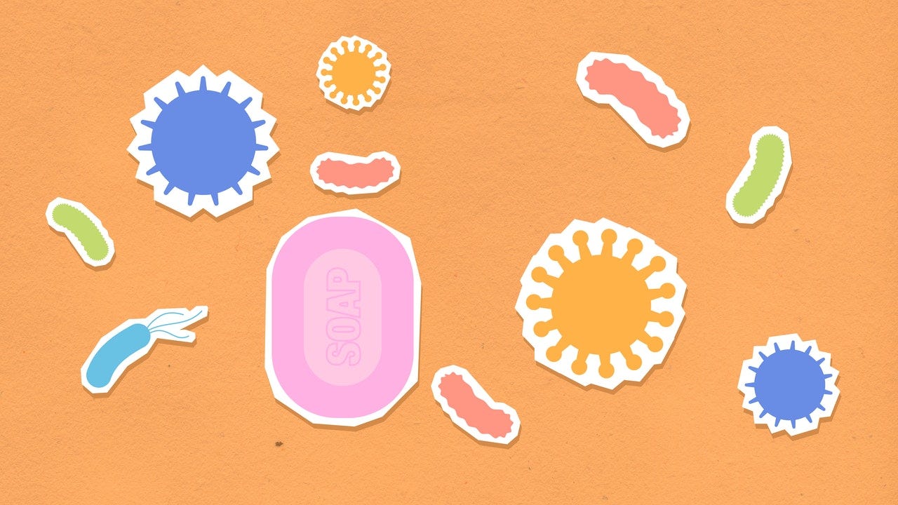 Illustration of germs on a surface with a bar of soap