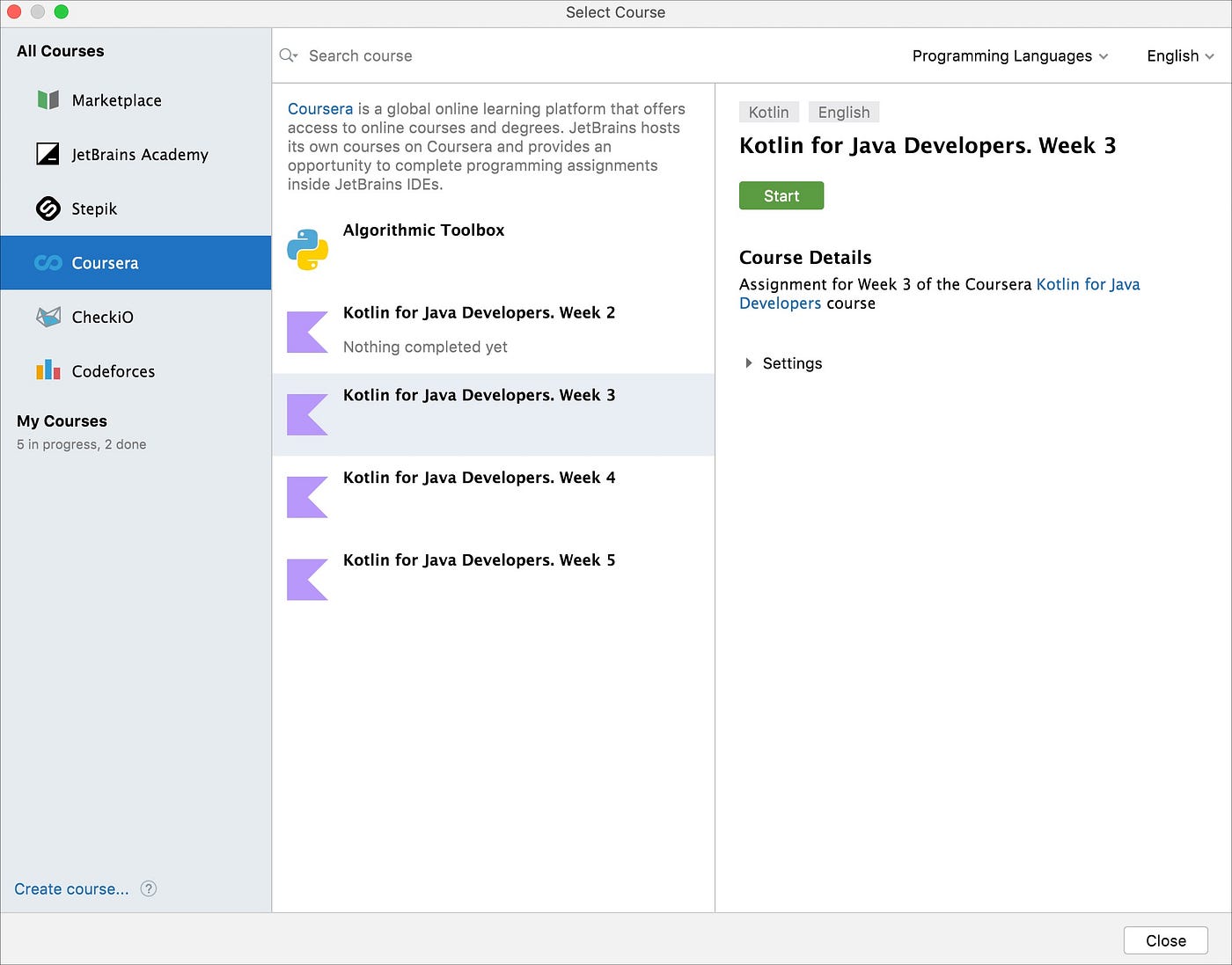 Coursera courses options selected with ‘Kotlin for Java Developers’ course highlighted