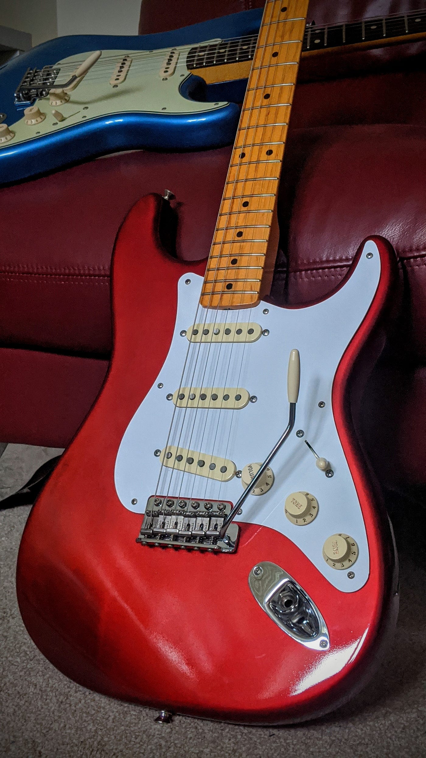 New Guitar Day: Fender USA '57 Vintage Reissue Stratocaster Candy Apple Red  with lacquered maple neck and fretboard | by Jonathan Thomas | Red Chair  Riffs | Medium