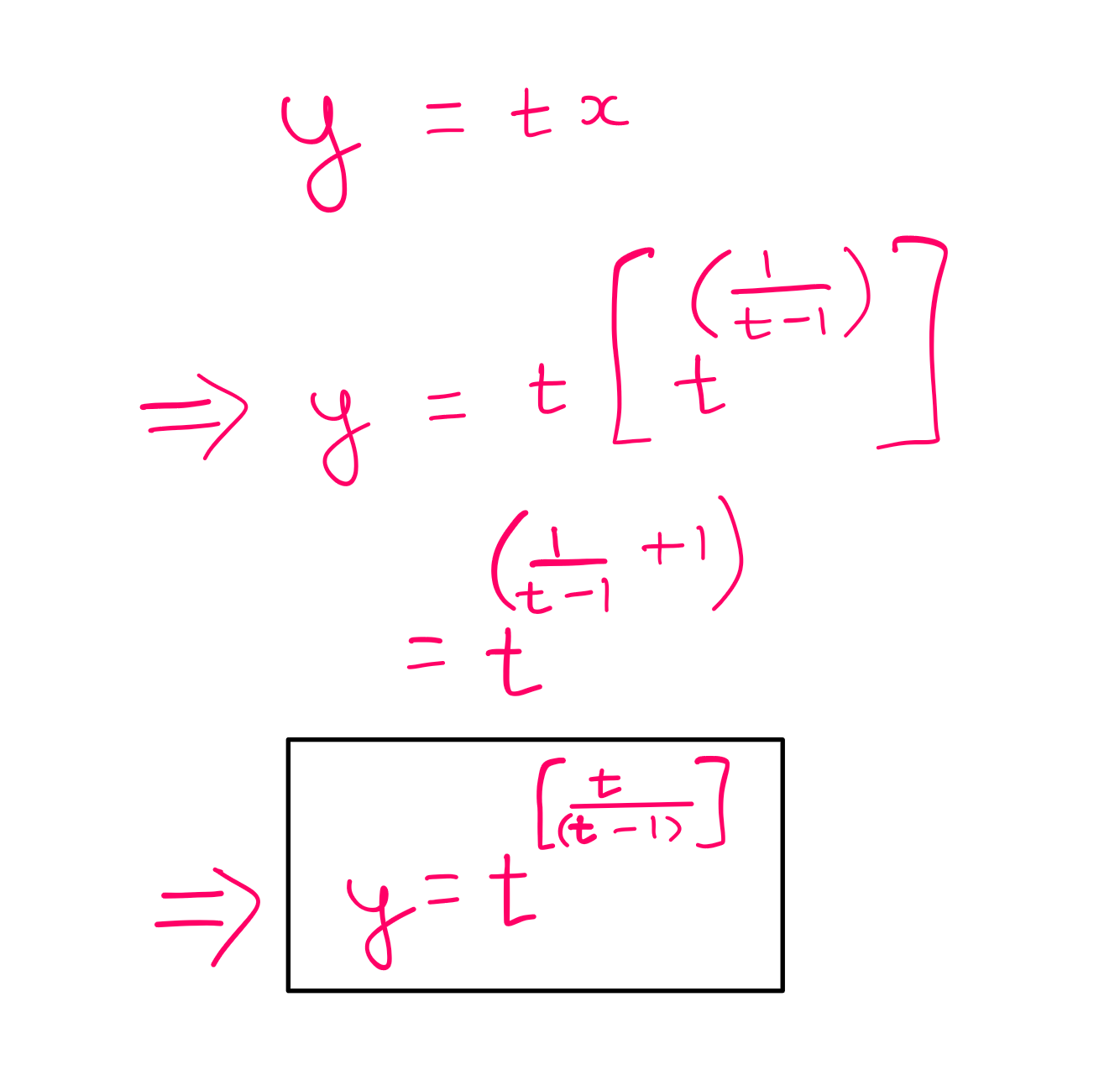 How To Really Solve This Tricky Algebra Problem? (III) — y = tx; y = t*[t^(1/(t-1))] = t^[(1/(t-1))+]; y = t^(t/(t-1))