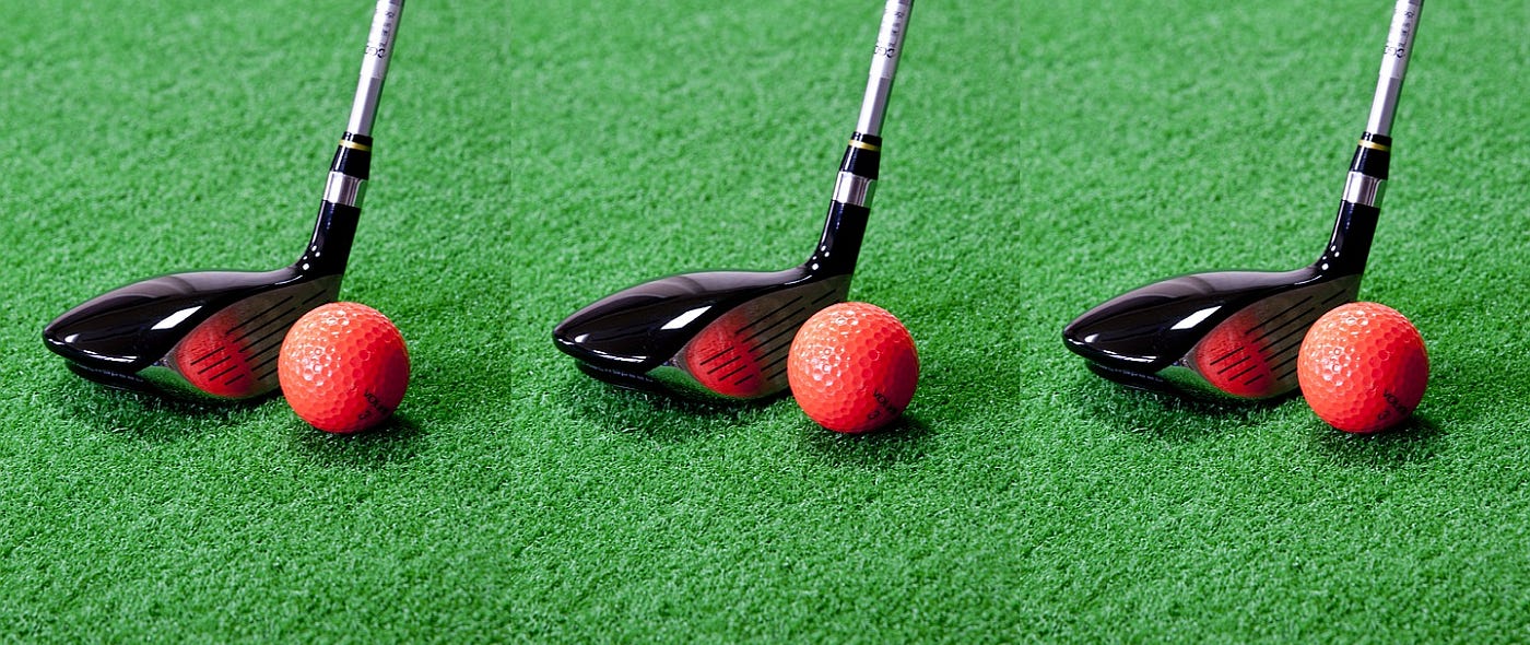 A driver (golf club) with a red golf ball (replicated 3 times)