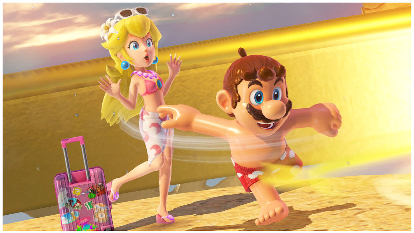 Princess Peach and Mario in swim wear, Super Mario Odyssey.