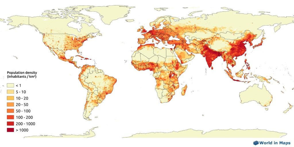 Worldwide population density. Source: Our World in Data.