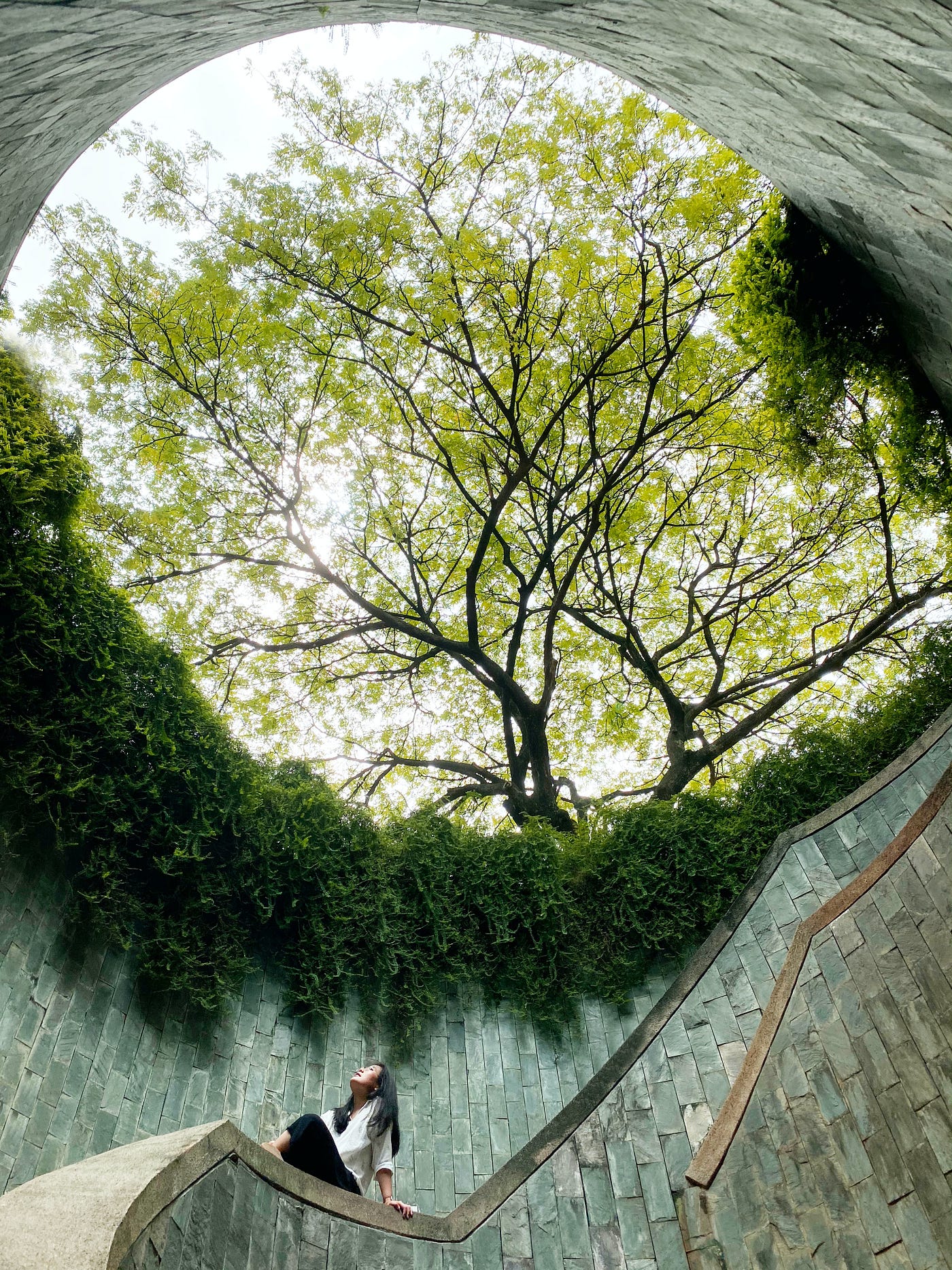A young feminine-presenting person sits on a outdoor spiral staircase that seems to be below ground level. They stare up above at the ground level where lush ground cover spills over the sides of the staircase and tree canopy appears up in the sky.