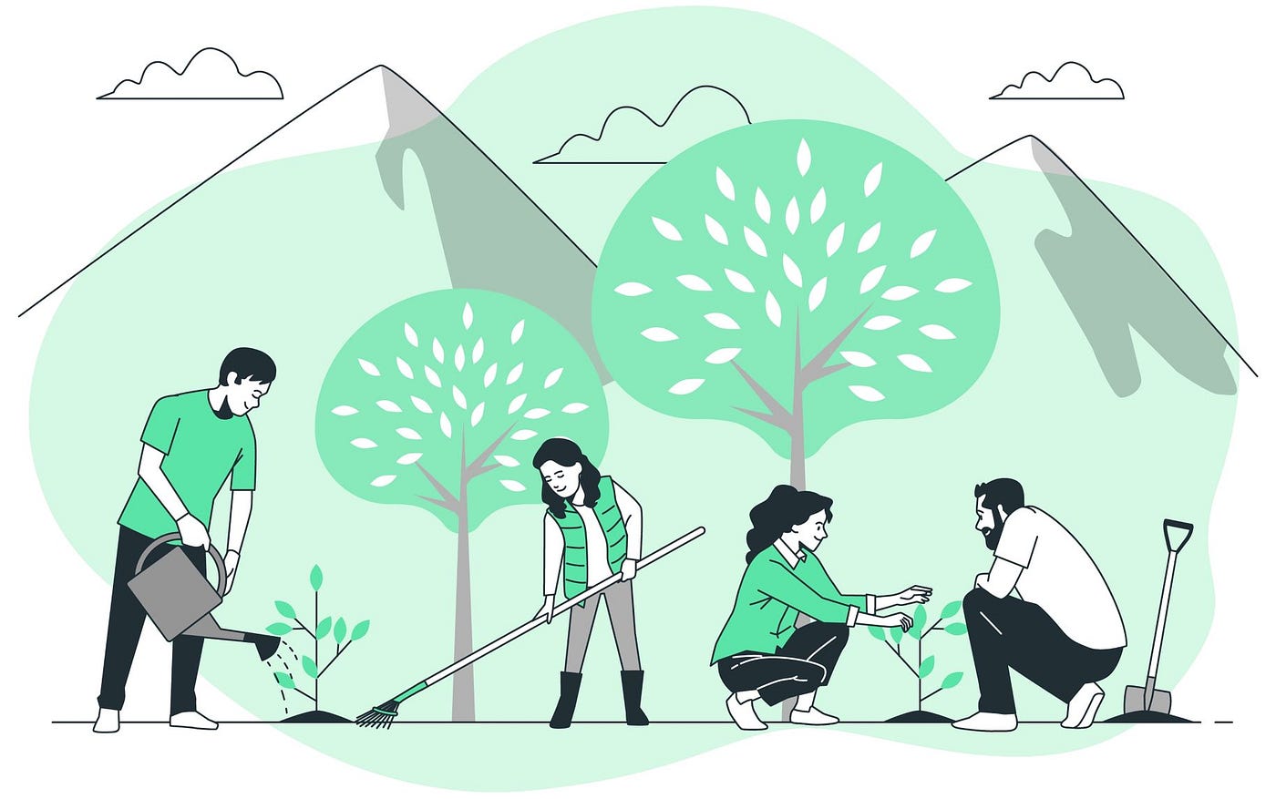 People gardening together in nature against a backdrop of mountains and trees.