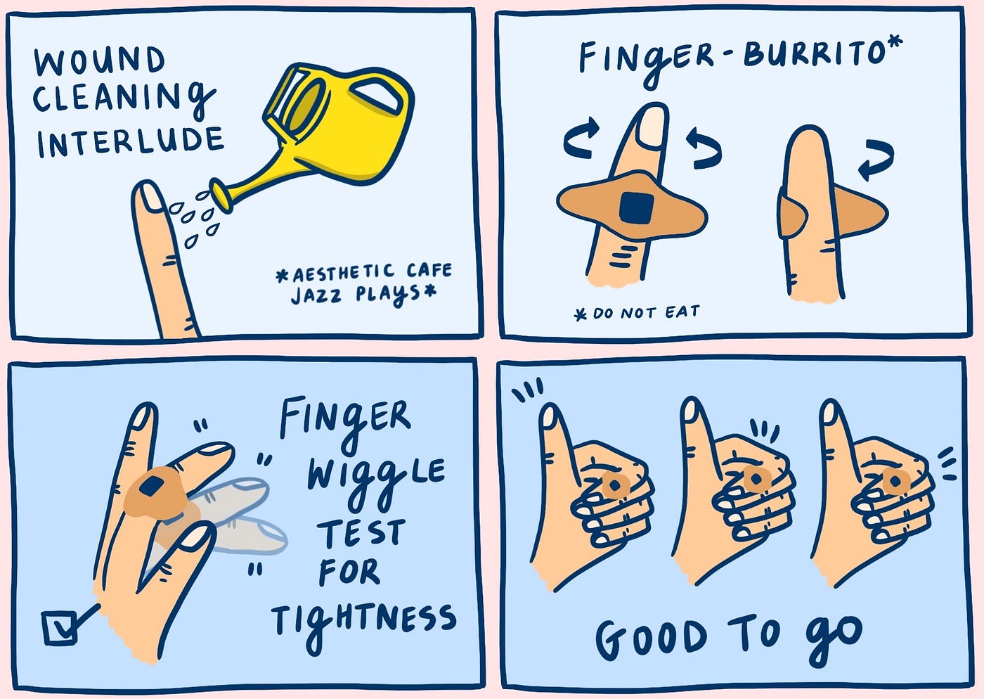 A comic strip outlining the user journey of a person who needs a knuckle bandaid.