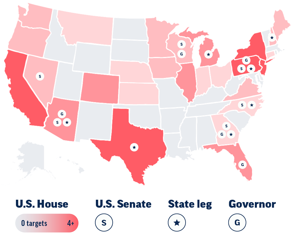 A map of Swing Left’s 2022 target races, where states with House of Representatives targets are labeled red, and icons indicating a focus on Senate, state legislative, and gubernatorial races are a focus.