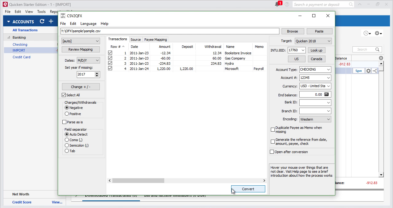 convert mint csv to quicken qfx convert mint csv to quicken qfx