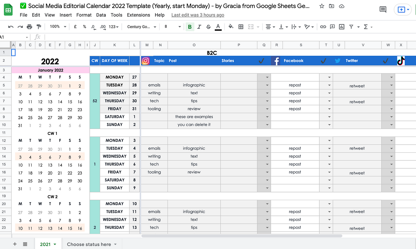 Updated for 2022: Google Sheets Social Media Editorial Calendar 2022 for  Your Personal Brand or Small Business (Free Template) | by Gracia Kleijnen  | Google Sheets Geeks | Medium