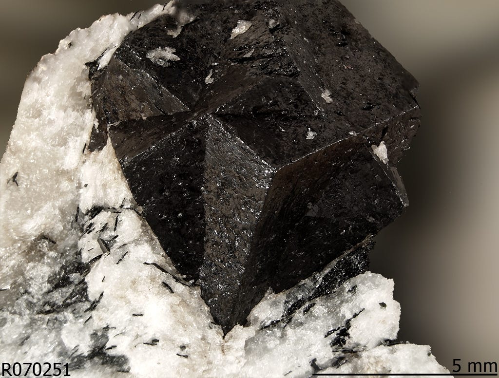 A black cubic shaped crystal on a white rock.