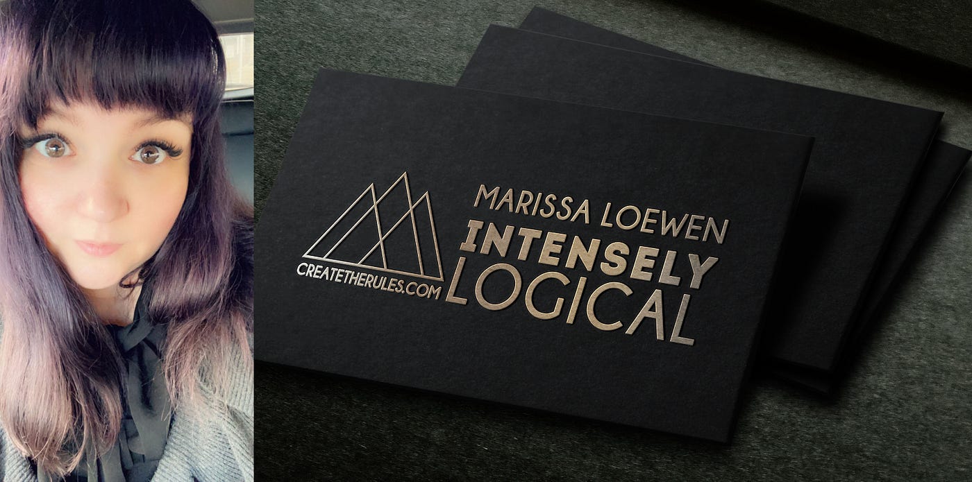 The author and a mockup of lack business cards with the words Intensely Logical in gold