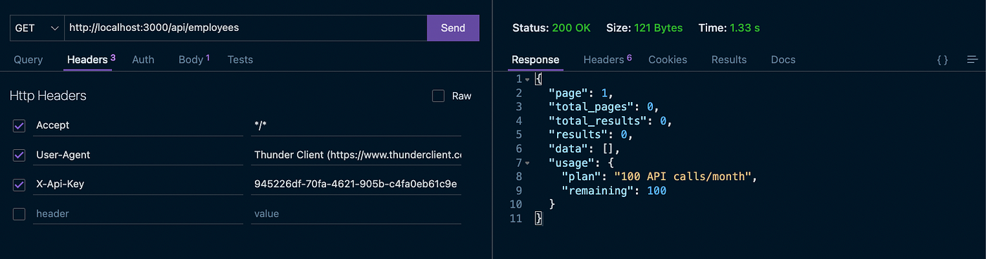 GET employees API call - VS Code Thunder Client