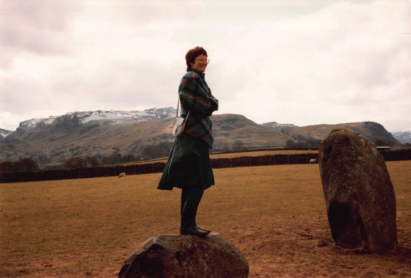 Dinah stood on a rock at Castlerigg stone circle, circa 1986.