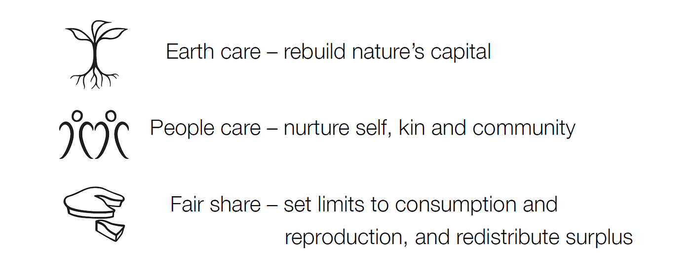 Earth care: rebuild nature’s capital. People care: nurture self, kin and community. Fair share: set limits to consumption and reproduction, and redistribute surplus.
